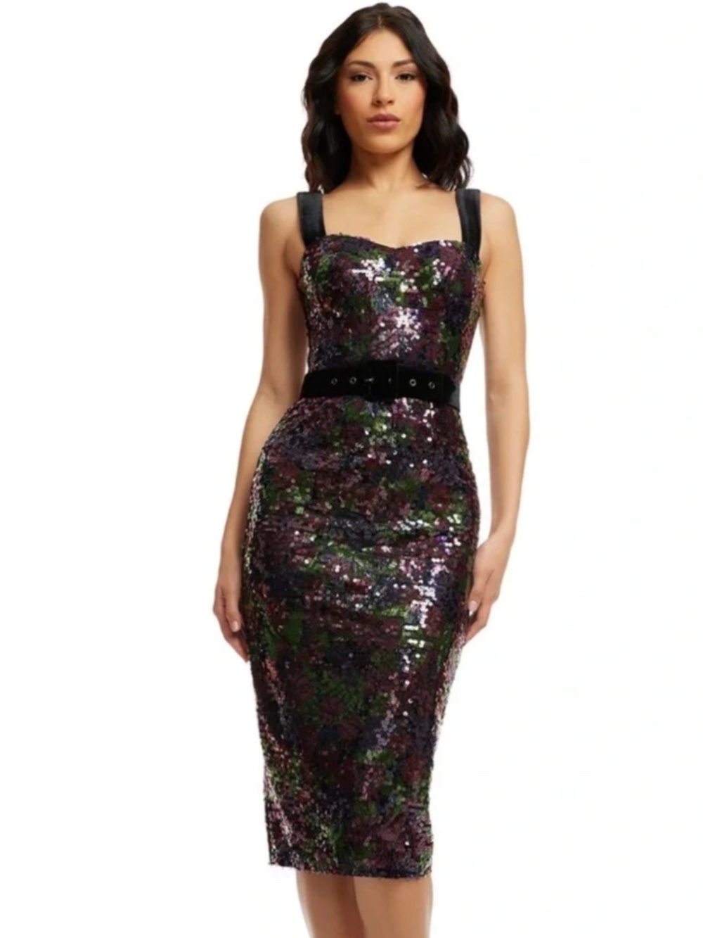 Sexy Sequined Deep Plum Midi Dress Pencil Belted XS